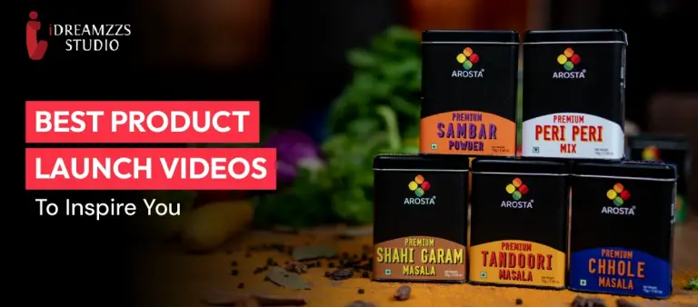 Creative product launch video shoot with production team filming a branded product showcase scene