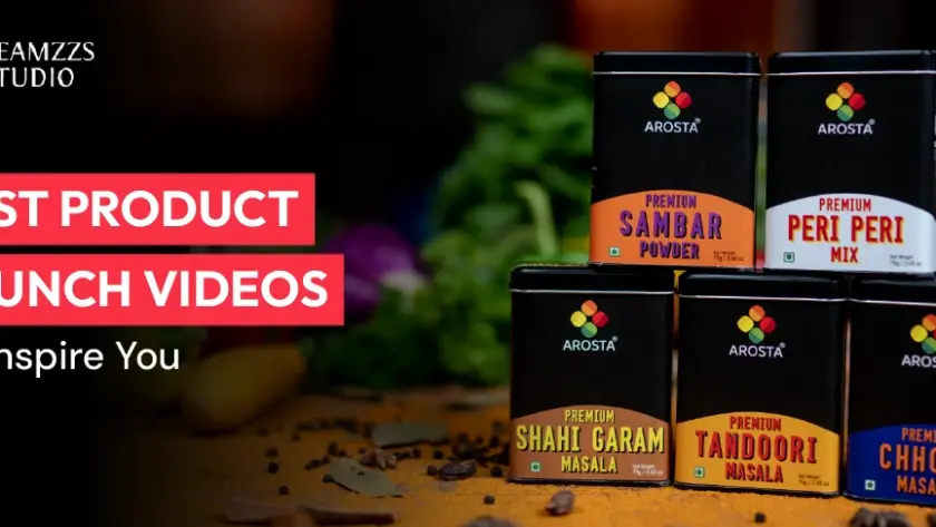 Creative product launch video shoot with production team filming a branded product showcase scene