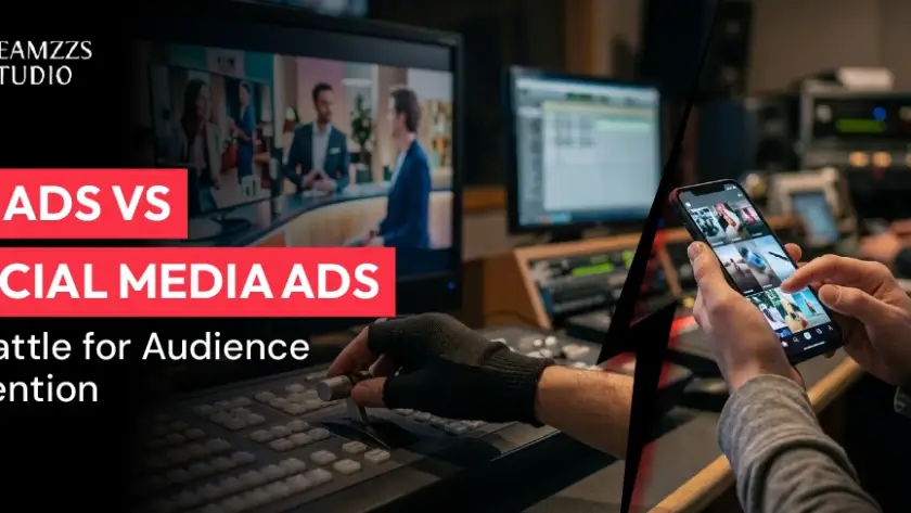 TV ads vs social media ads comparison for better audience engagement by iDREAMZZS Studio