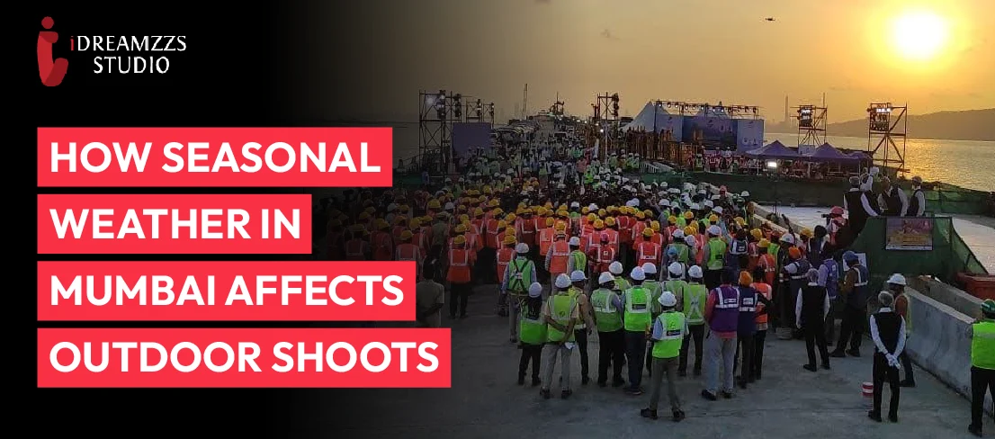 Film crew conducting an outdoor video shoot in Mumbai during changing seasonal weather conditions